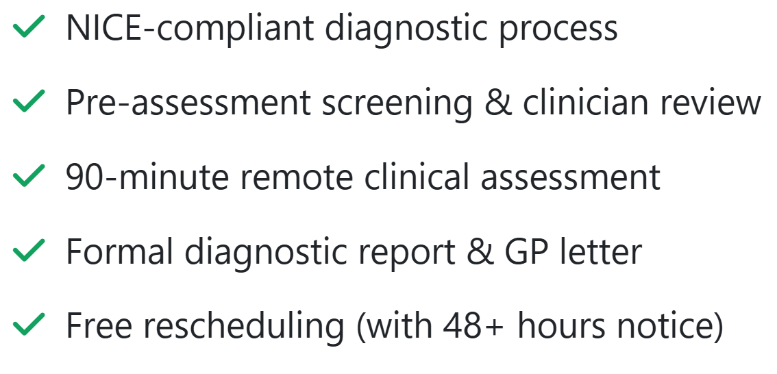 Included: pre-assessment diagnostic process, a pre-assessment screening questionnaire, a 90-minute remote clinical assessment, a formal diagnostic report, and free rescheduling with 48 hours’ notice.